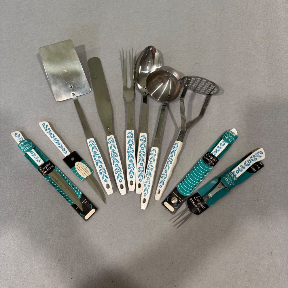 Household Mfg Co Kitchen Utensil Set Blue Onion Floral Melamine Stainless 9pc